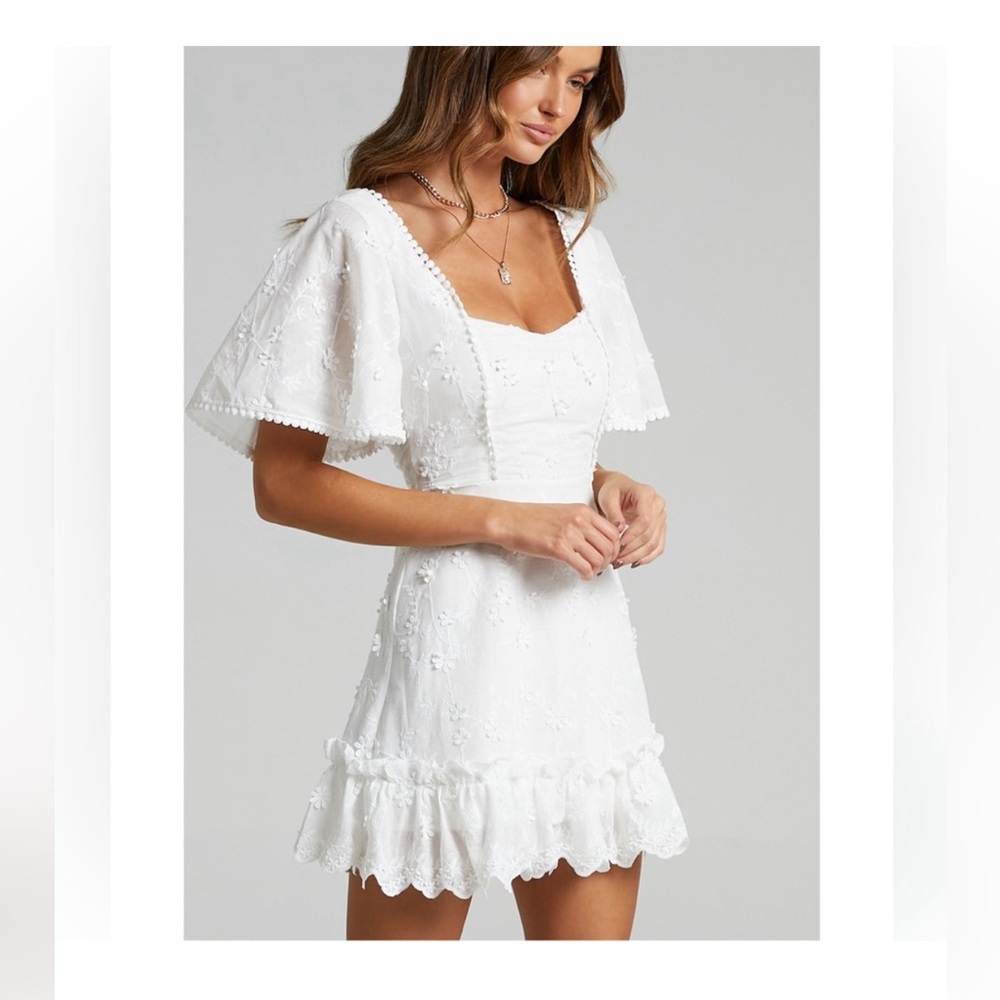 Showpo Fancy A Spritz Square Neck White Embroidery Mini Dress Lace Size 12